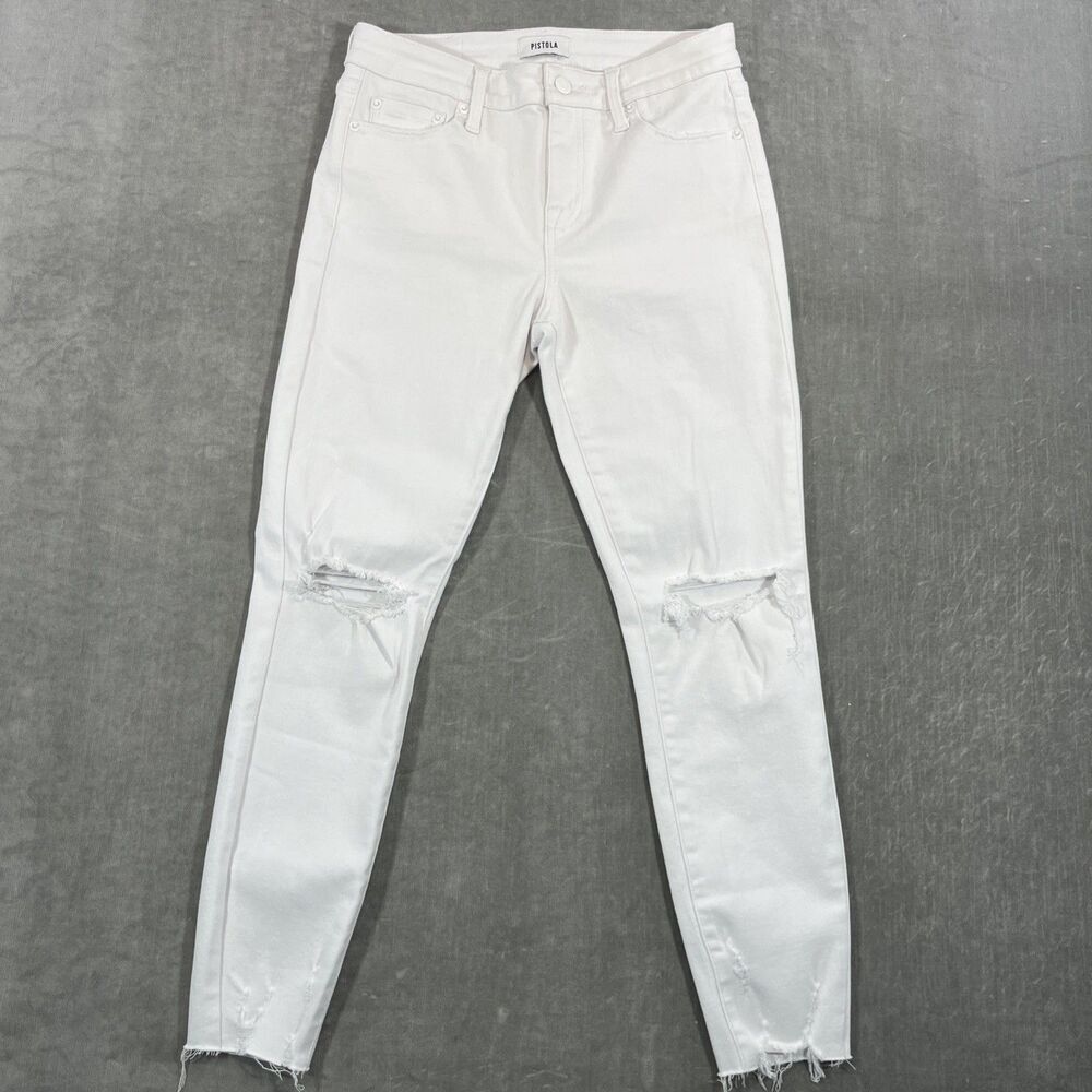 Pistola Womens Size 27 White Denim Distressed‎ High Rise Straight Leg Jeans